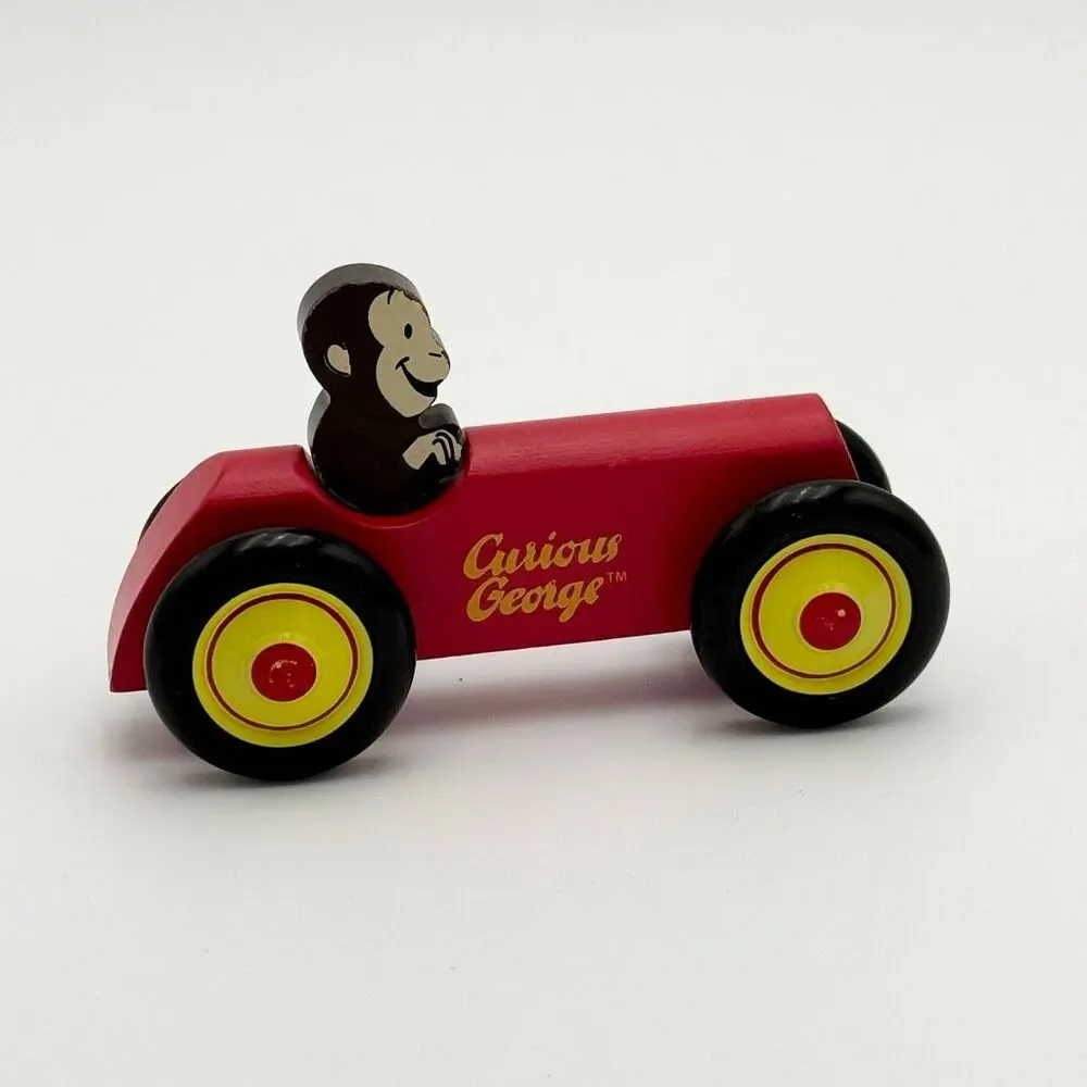 Schylling Wooden Curious George Rolling Vehicle Push Toy Car Vintage